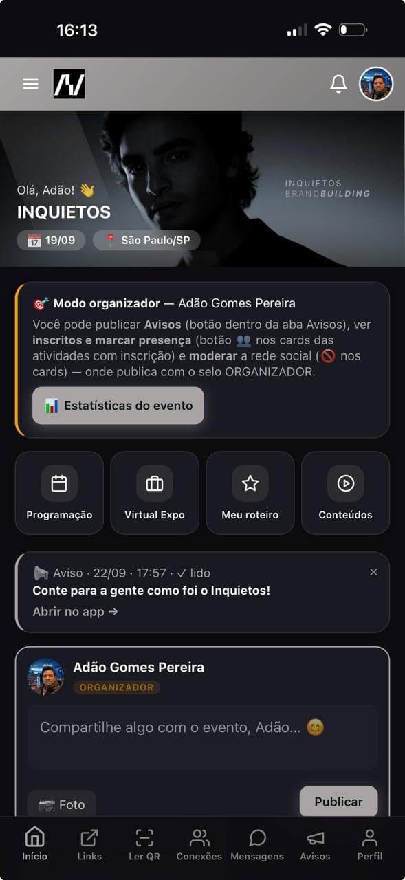 Tela inicial do app da Hubsie no modo organizador.