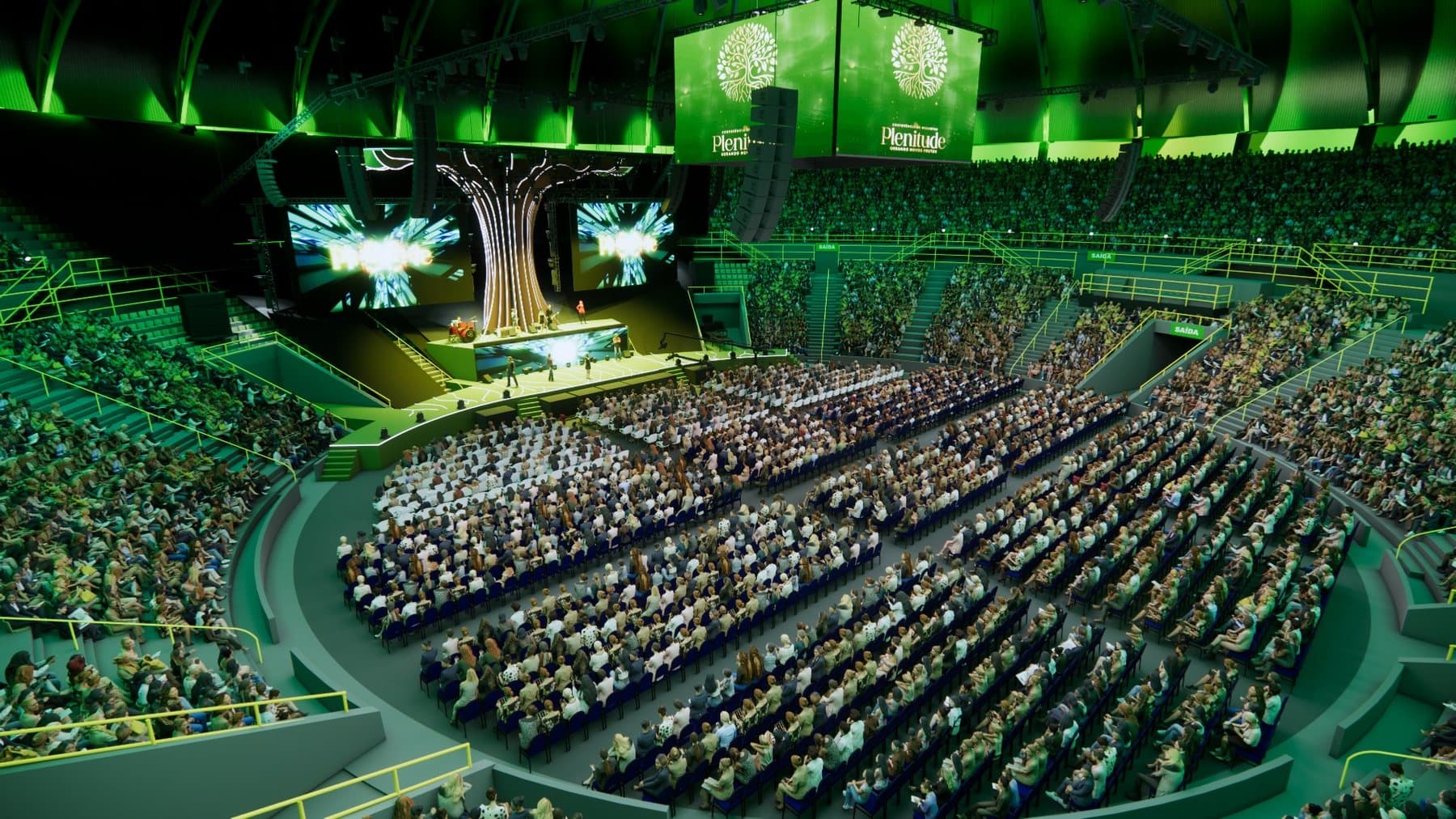 Projeto 3D de arena com palco cenográfico central e arquibancadas completas.