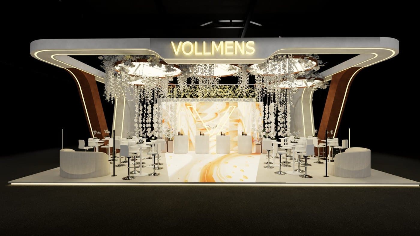 Render 3D de stand corporativo com iluminação linear, floreiras suspensas e área de atendimento.